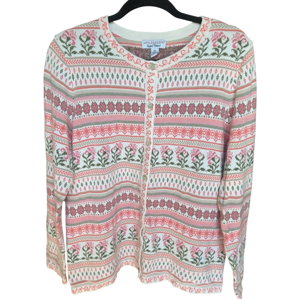 VTG Appleseed’s‎ Fair Isle Cardigan Sweater Cotton Cottagecore Grandmacore XL